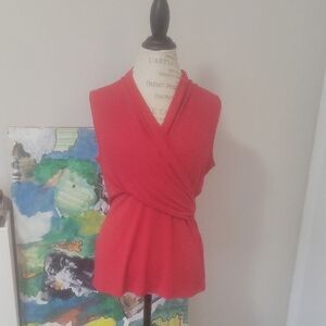 DKNY Sleeveless Faux-Wrap Red Blouse